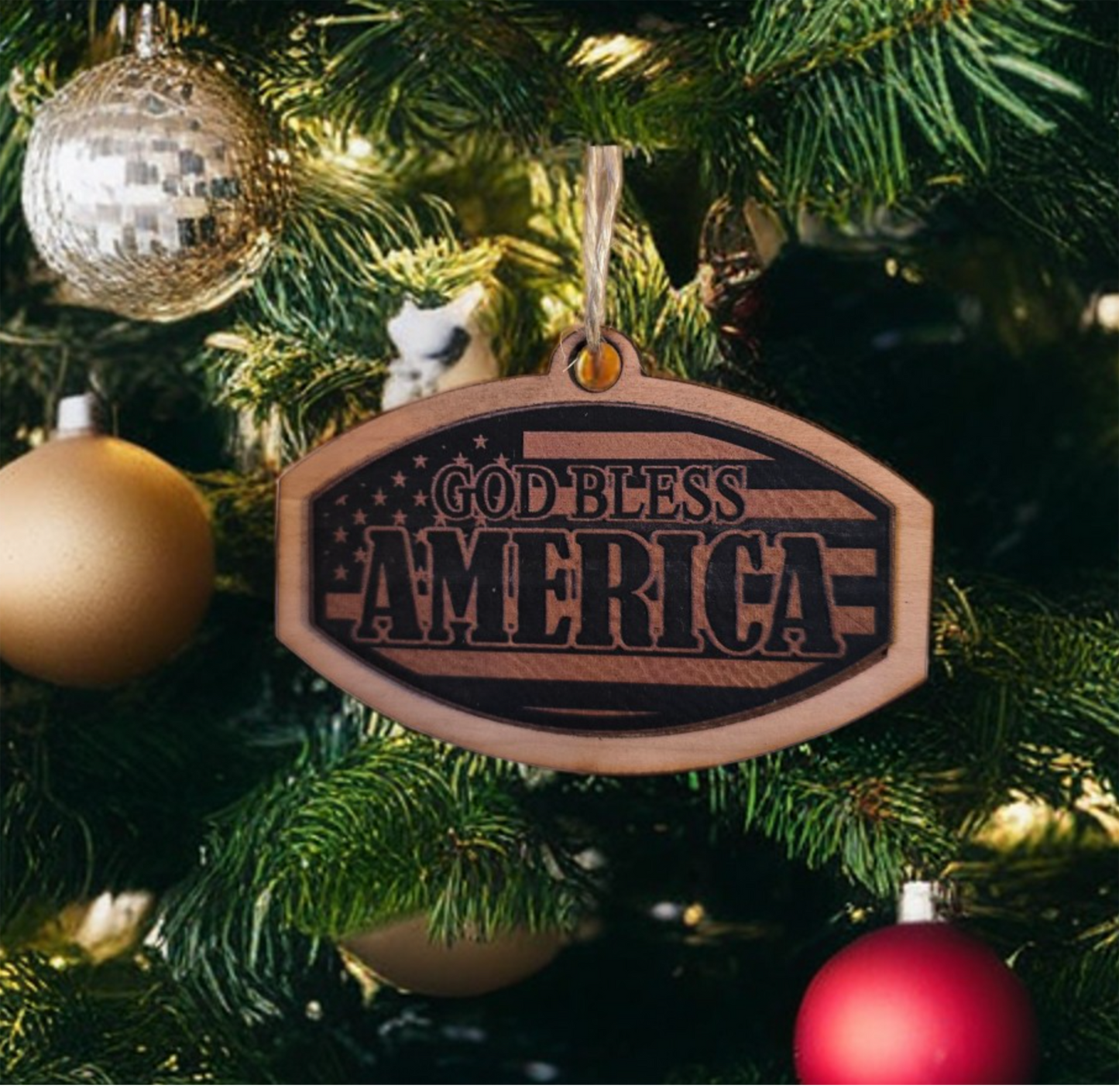 Leather God Bless America Ornament